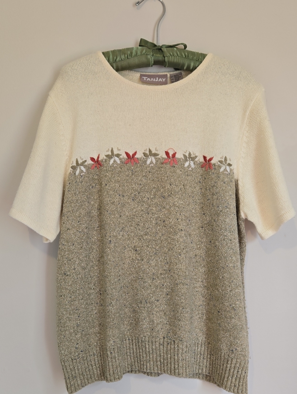 Cottagecore TanJay Cream and Olive Crewneck Sweater Floral Embroidery Vintage Lg